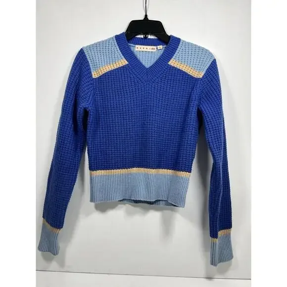 Marni x Uniqlo Popcorn Knit V-Neck Sweater Blue Women Sz Med Preppy - Picture 3 of 9
